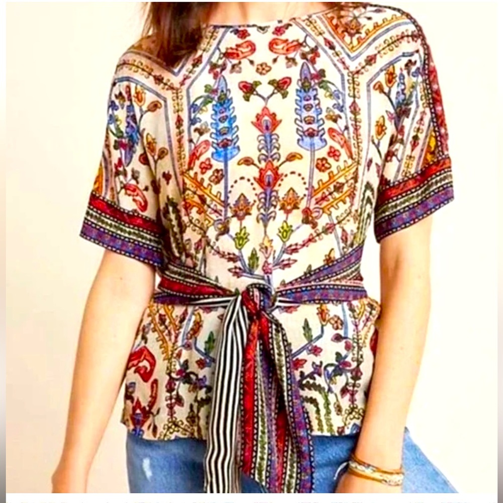 VINEET BAHL x Anthropologie printed silky loose fit embroidered India blouse top